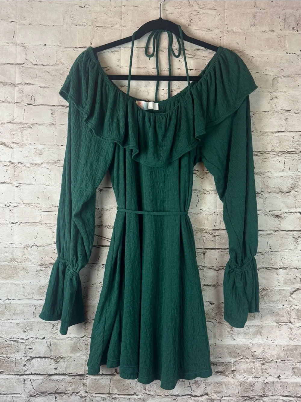 Free People Beach Medium Hayden Off Shoulder Mini Dress Ruffles Emerald Green M